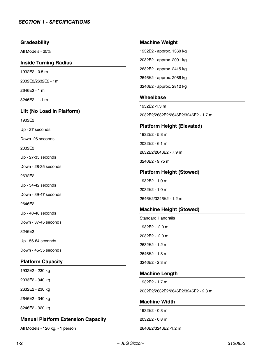 Gradeability, Inside turning radius, Lift (no load in platform) | Platform capacity, Manual platform extension capacity, Machine weight, Wheelbase, Platform height (elevated), Platform height (stowed), Machine height (stowed) | JLG 3246E2 Service Manual User Manual | Page 8 / 80