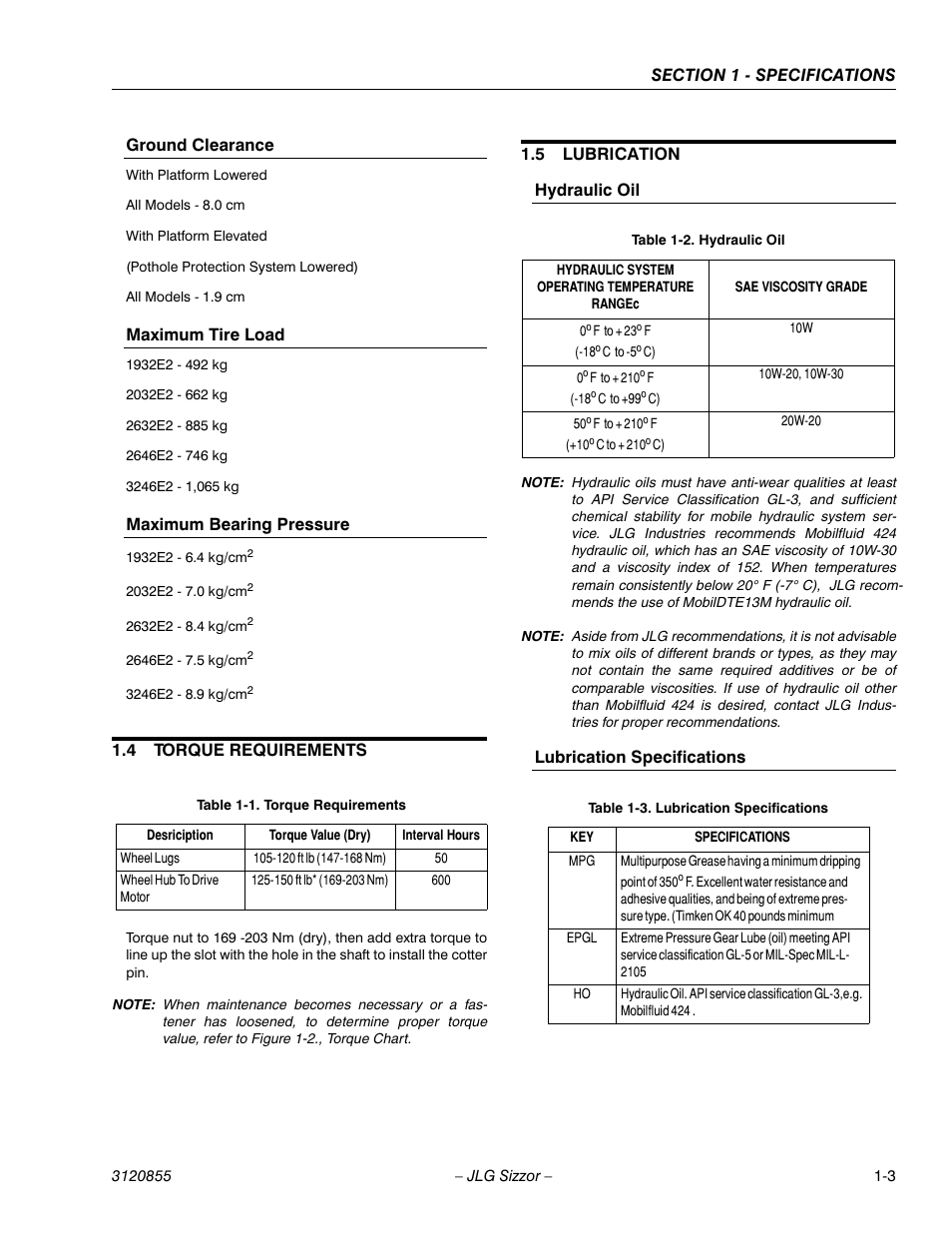 Ground clearance, Maximum tire load, Maximum bearing pressure | 4 torque requirements, 5 lubrication, Hydraulic oil, Lubrication specifications, Torque requirements -3, Lubrication -3, Hydraulic oil -3 | JLG 3246E2 Service Manual User Manual | Page 9 / 80