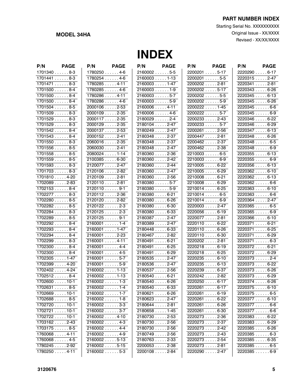Index | JLG 34HA ANSI Parts Manual User Manual | Page 279 / 292
