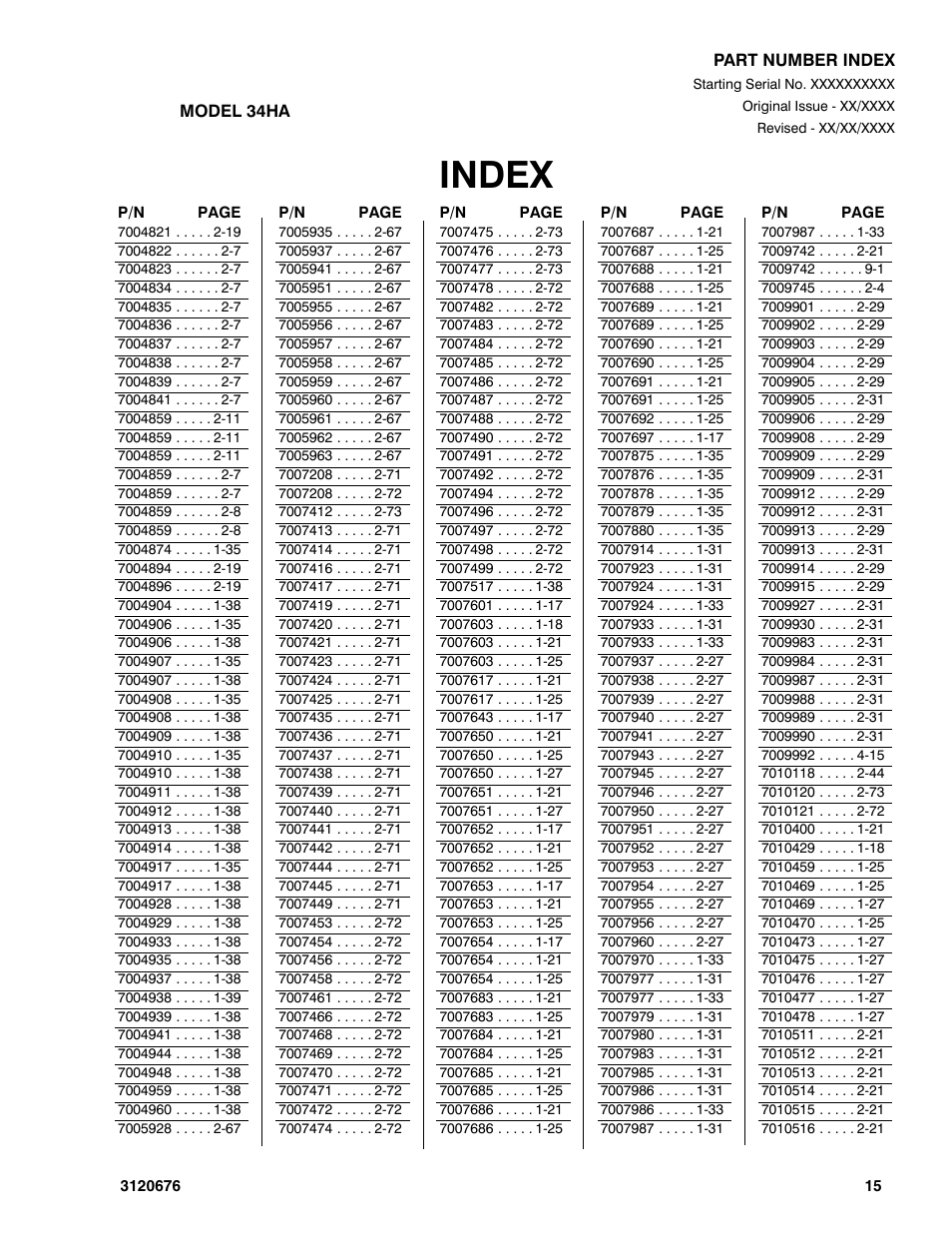 Index | JLG 34HA ANSI Parts Manual User Manual | Page 289 / 292