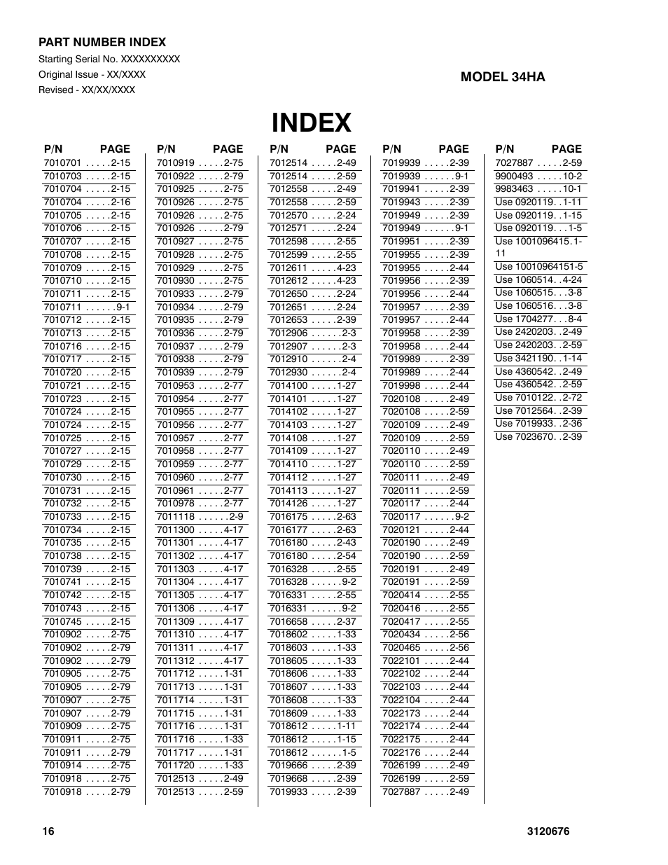 Index | JLG 34HA ANSI Parts Manual User Manual | Page 290 / 292
