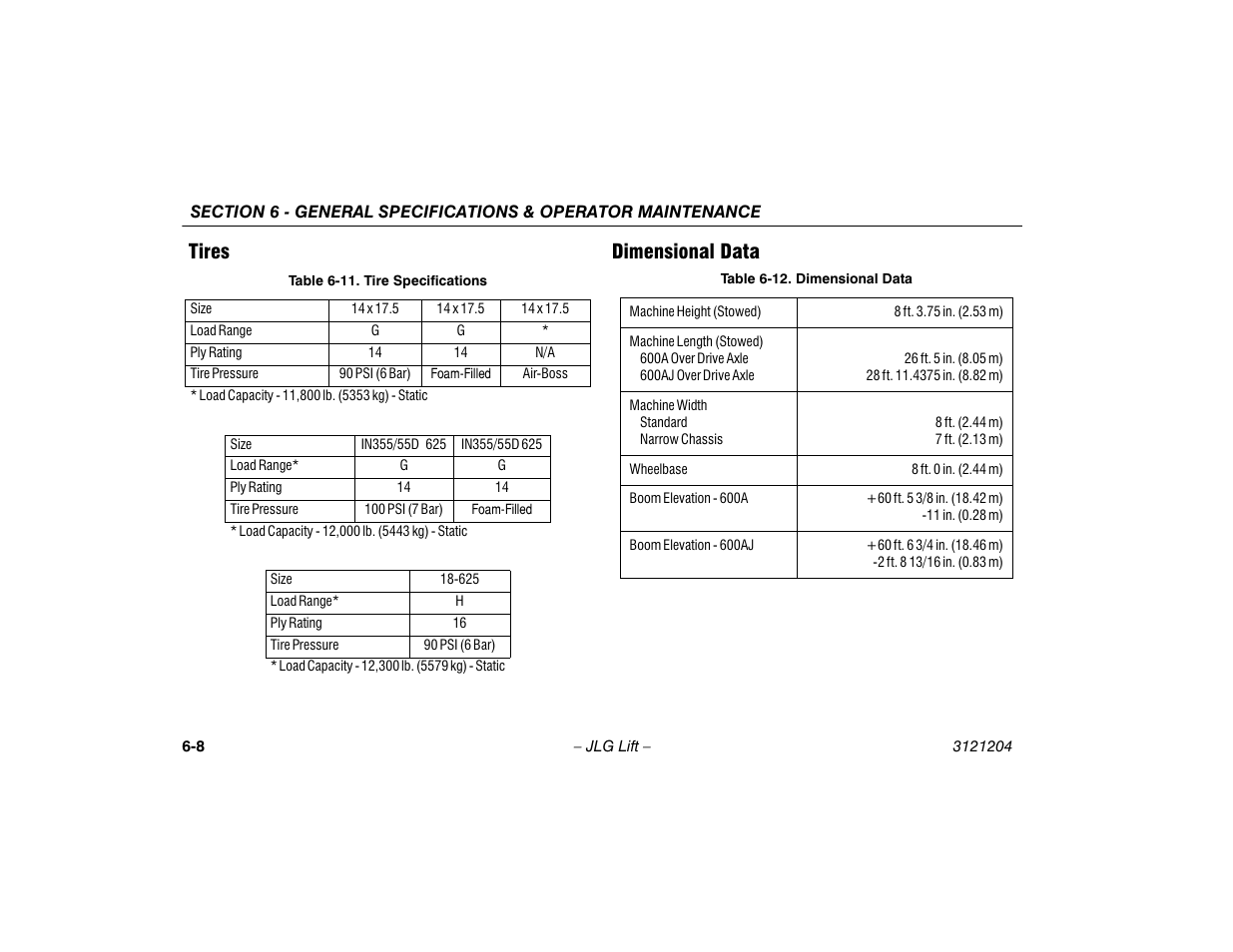 Tires, Dimensional data, Tires -8 dimensional data -8 | Tire specifications -8, Dimensional data -8, Tires dimensional data | JLG 600A_AJ Operator Manual User Manual | Page 108 / 148
