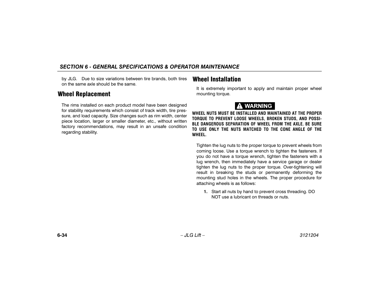 Wheel replacement, Wheel installation, Wheel replacement -34 wheel installation -34 | JLG 600A_AJ Operator Manual User Manual | Page 134 / 148