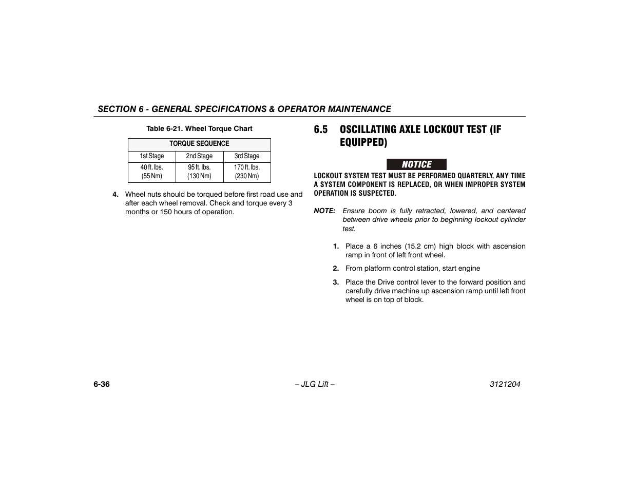 5 oscillating axle lockout test (if equipped), Oscillating axle lockout test, If equipped) -36 | Wheel torque chart -36 | JLG 600A_AJ Operator Manual User Manual | Page 136 / 148