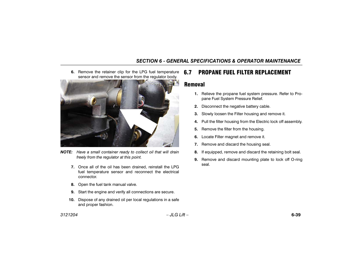 7 propane fuel filter replacement, Removal, Propane fuel filter replacement -39 | Removal -39, 7 propane fuel filter replacement removal | JLG 600A_AJ Operator Manual User Manual | Page 139 / 148
