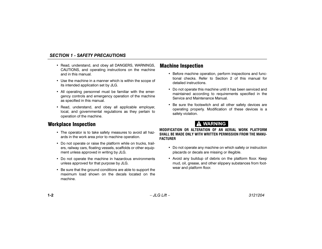 Workplace inspection, Machine inspection, Workplace inspection -2 machine inspection -2 | JLG 600A_AJ Operator Manual User Manual | Page 14 / 148