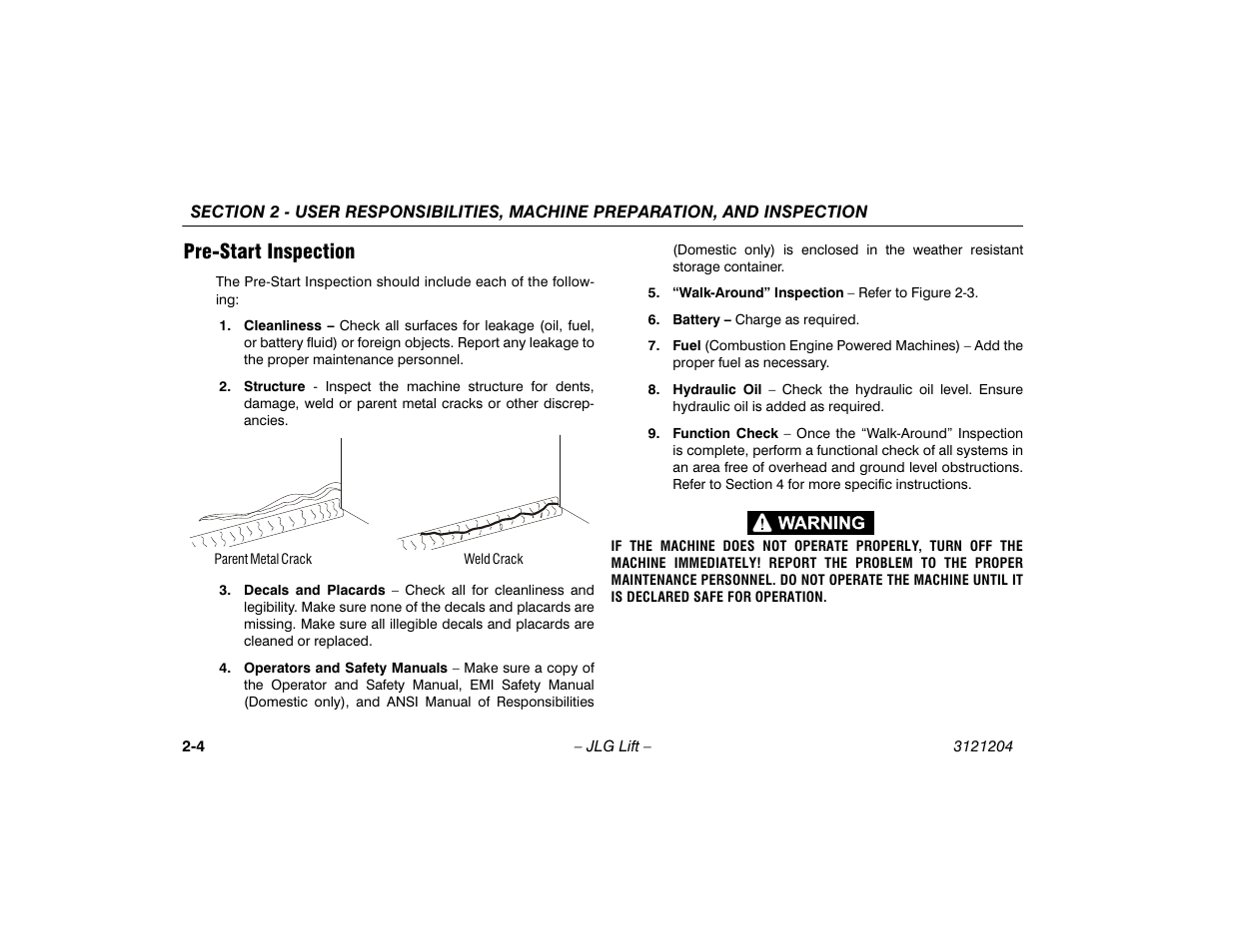 Pre-start inspection, Pre-start inspection -4 | JLG 600A_AJ Operator Manual User Manual | Page 26 / 148
