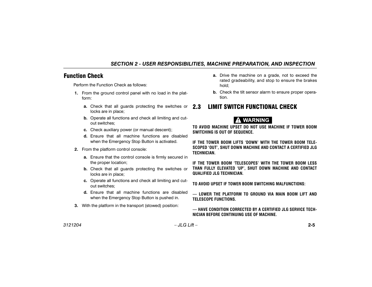 Function check, 3 limit switch functional check, Function check -5 | Limit switch functional check -5 | JLG 600A_AJ Operator Manual User Manual | Page 27 / 148