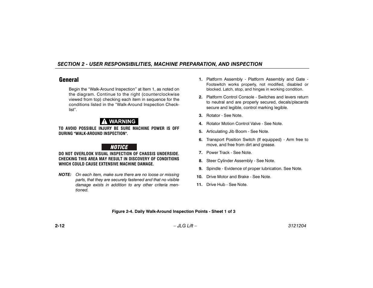 General -12, Daily walk-around inspection points, Sheet 1 of 3 -12 | General | JLG 600A_AJ Operator Manual User Manual | Page 34 / 148