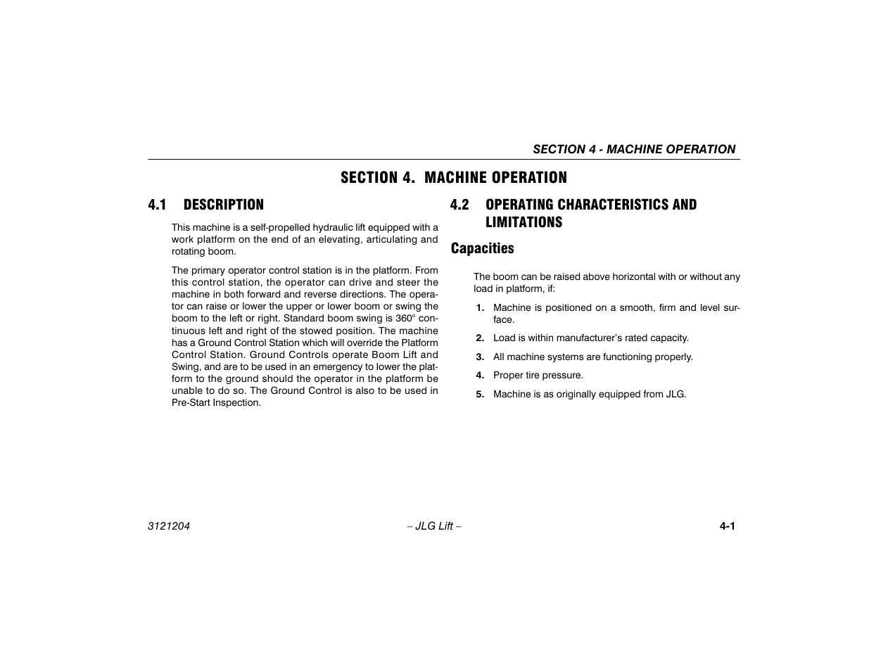 Section 4. machine operation, 1 description, 2 operating characteristics and limitations | Capacities, Section - 4 - machine operation, Description -1, Operating characteristics and, Limitations -1, Capacities -1 | JLG 600A_AJ Operator Manual User Manual | Page 57 / 148