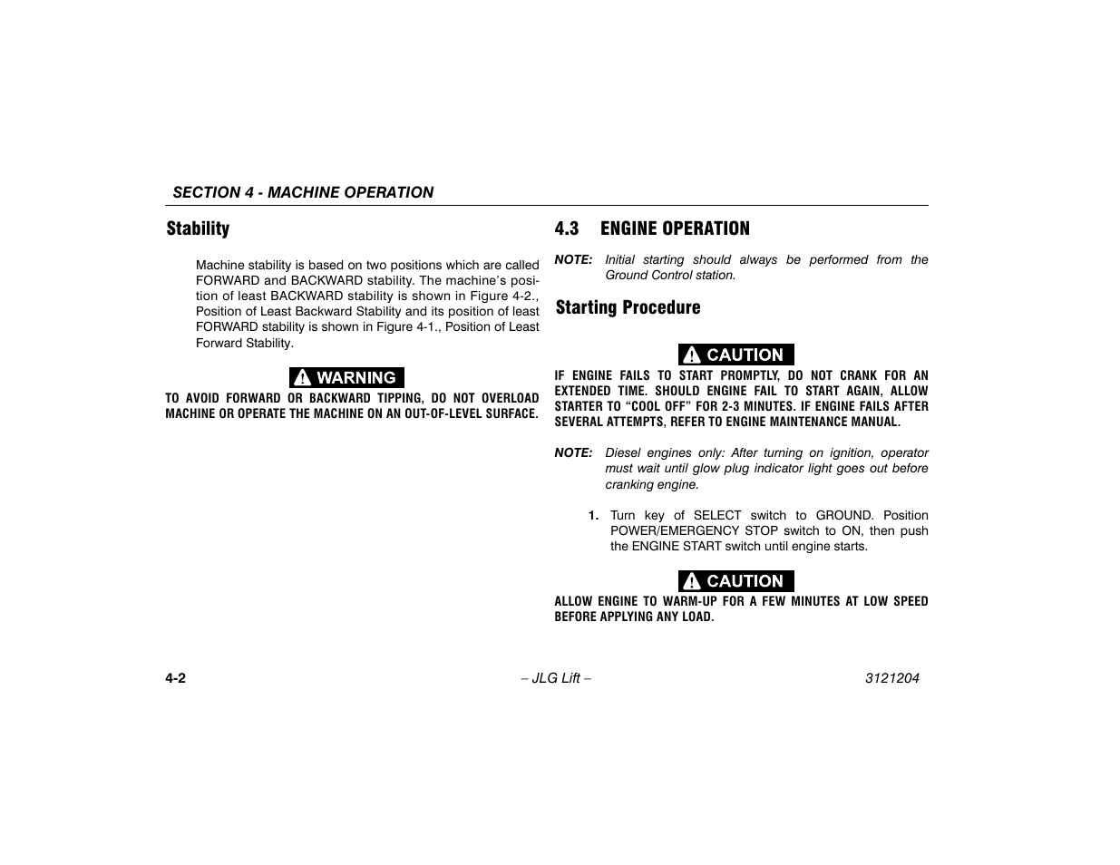 Stability, 3 engine operation, Starting procedure | Stability -2, Engine operation -2, Starting procedure -2 | JLG 600A_AJ Operator Manual User Manual | Page 58 / 148