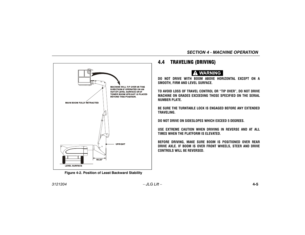 4 traveling (driving), Traveling (driving) -5, Position of least backward stability -5 | JLG 600A_AJ Operator Manual User Manual | Page 61 / 148