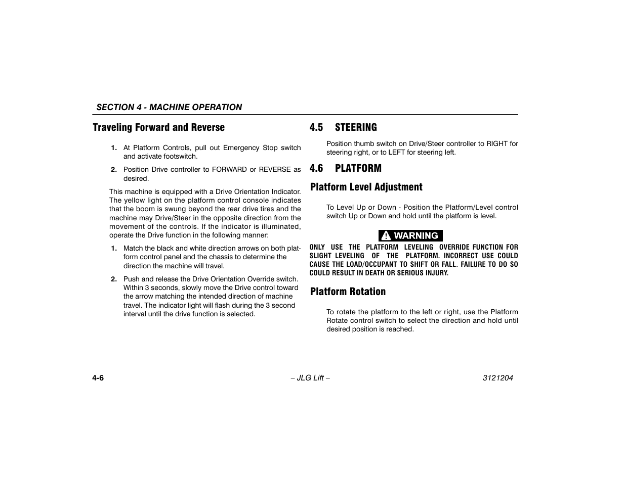 Traveling forward and reverse, 5 steering, 6 platform | Platform level adjustment, Platform rotation, Traveling forward and reverse -6, Steering -6, Platform -6, Platform level adjustment -6, Platform rotation -6 | JLG 600A_AJ Operator Manual User Manual | Page 62 / 148