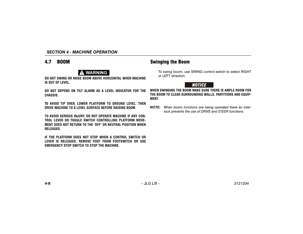 7 boom, Swinging the boom, Boom -8 | Swinging the boom -8 | JLG 600A_AJ Operator Manual User Manual | Page 64 / 148