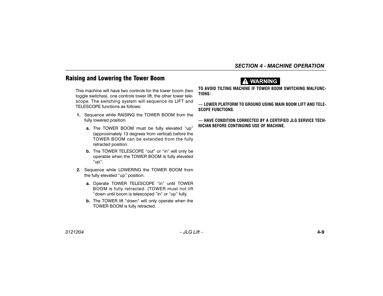 Raising and lowering the tower boom, Raising and lowering the tower boom -9 | JLG 600A_AJ Operator Manual User Manual | Page 65 / 148