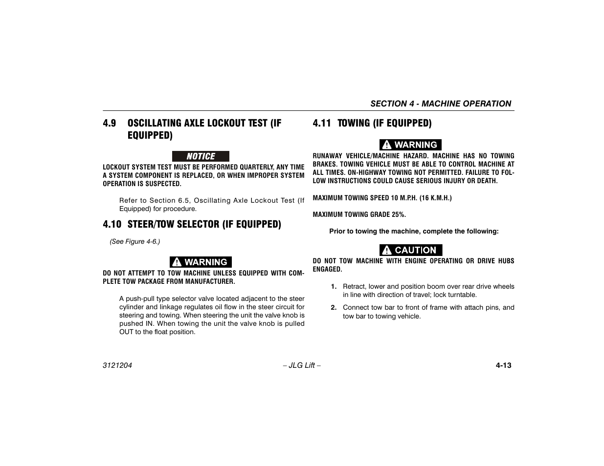 9 oscillating axle lockout test (if equipped), 10 steer/tow selector (if equipped), 11 towing (if equipped) | Oscillating axle lockout test, If equipped) -13 | JLG 600A_AJ Operator Manual User Manual | Page 69 / 148