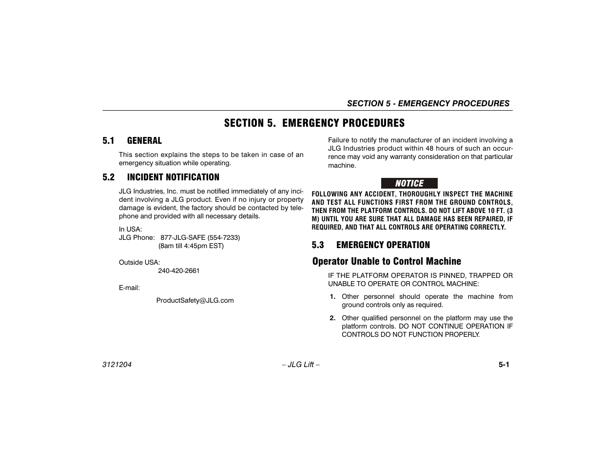Section 5. emergency procedures, 1 general, 2 incident notification | 3 emergency operation, Operator unable to control machine, Section - 5 - emergency procedures, General -1, Incident notification -1, Emergency operation -1, Operator unable to control machine -1 | JLG 600A_AJ Operator Manual User Manual | Page 99 / 148