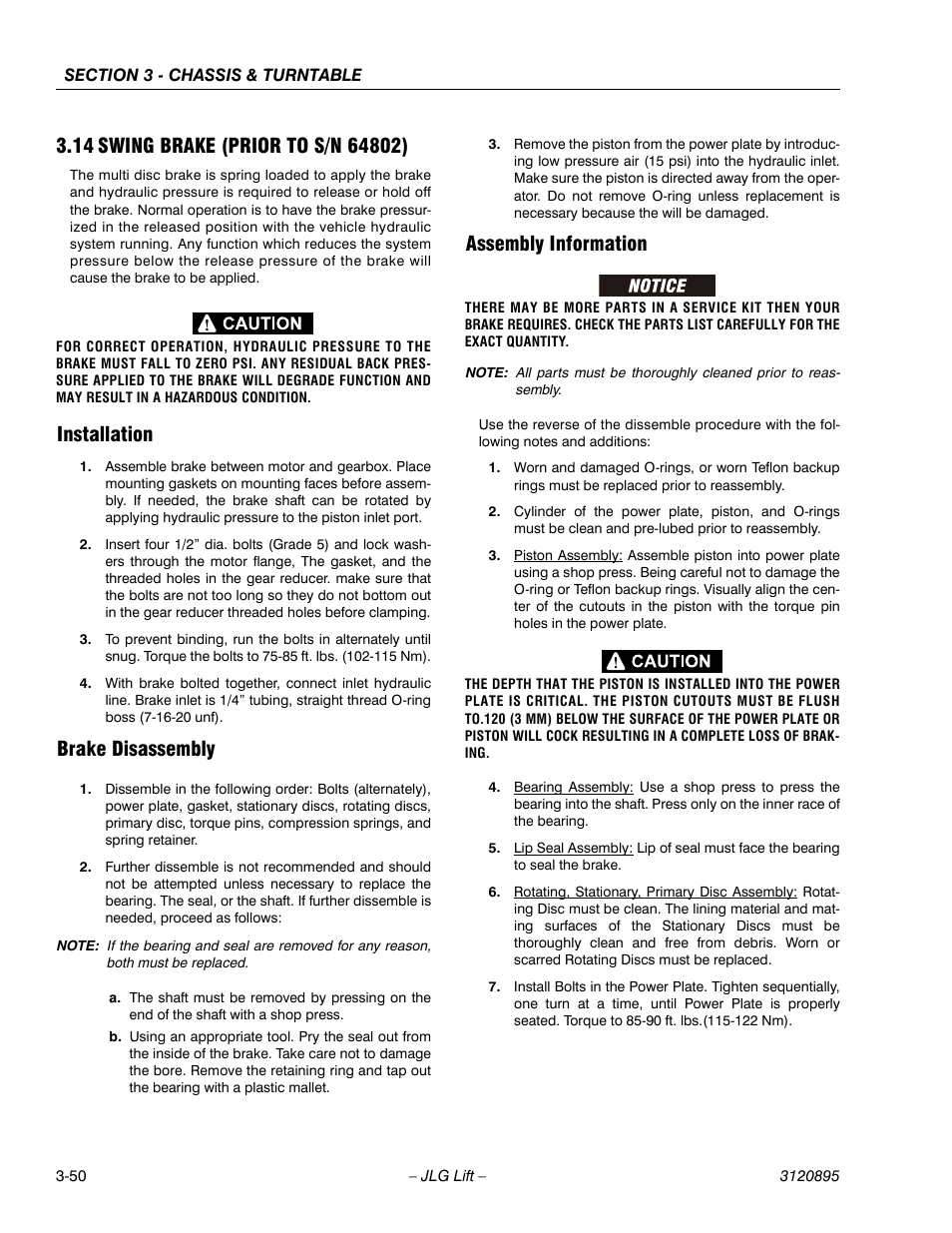 14 swing brake (prior to s/n 64802), Installation, Brake disassembly | Assembly information, Swing brake (prior to s/n 64802) -50 | JLG 460SJ Service Manual User Manual | Page 102 / 462