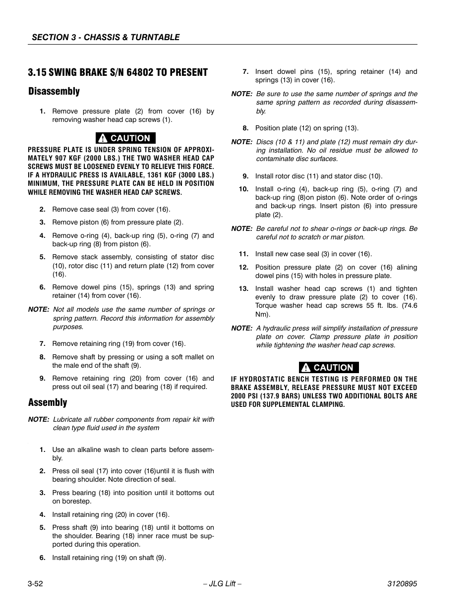 15 swing brake s/n 64802 to present, Disassembly, Assembly | Swing brake s/n 64802 to present -52, Disassembly -52 assembly -52 | JLG 460SJ Service Manual User Manual | Page 104 / 462