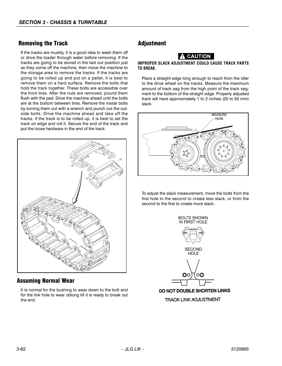 Removing the track, Assuming normal wear, Adjustment | JLG 460SJ Service Manual User Manual | Page 114 / 462