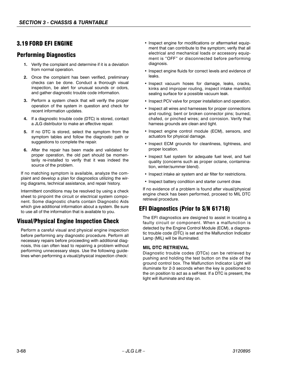 19 ford efi engine, Performing diagnostics, Visual/physical engine inspection check | Efi diagnostics (prior to s/n 61718), Ford efi engine -68, 19 ford efi engine performing diagnostics | JLG 460SJ Service Manual User Manual | Page 120 / 462