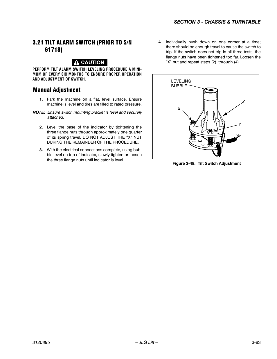 21 tilt alarm switch (prior to s/n 61718), Manual adjustment, Tilt alarm switch (prior to s/n 61718) -83 | Manual adjustment -83, Tilt switch adjustment -83 | JLG 460SJ Service Manual User Manual | Page 135 / 462
