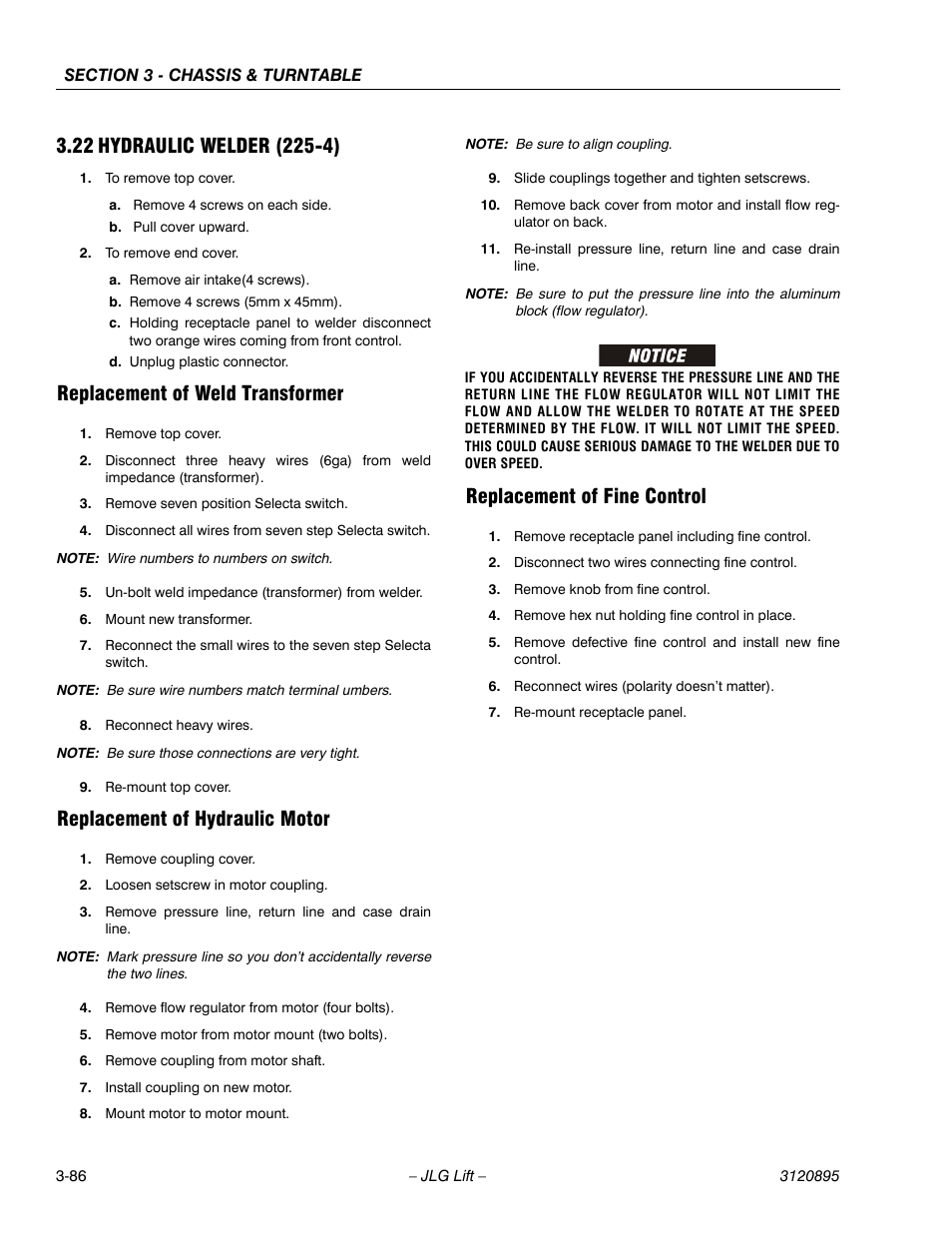 22 hydraulic welder (225-4), Replacement of weld transformer, Replacement of hydraulic motor | Replacement of fine control, Hydraulic welder (225-4) -86 | JLG 460SJ Service Manual User Manual | Page 138 / 462