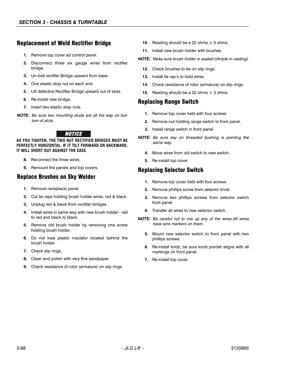 Replacement of weld rectifier bridge, Replace brushes on sky welder, Replacing range switch | Replacing selector switch | JLG 460SJ Service Manual User Manual | Page 140 / 462
