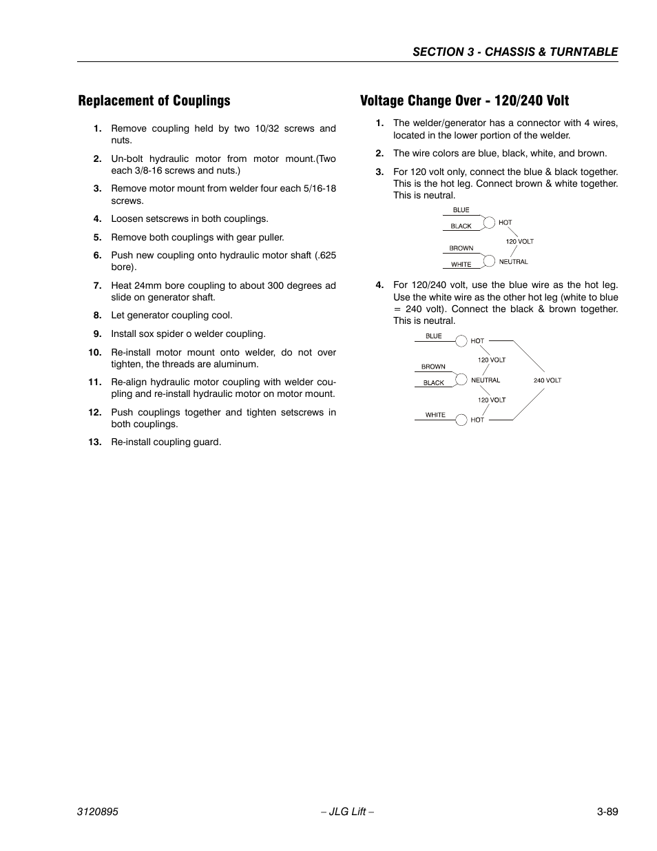 Replacement of couplings, Voltage change over - 120/240 volt | JLG 460SJ Service Manual User Manual | Page 141 / 462