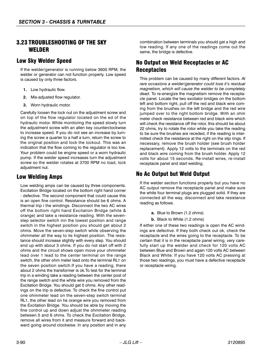 23 troubleshooting of the sky welder, Low sky welder speed, Low welding amps | No output on weld receptacles or ac receptacles, No ac output but weld output, Troubleshooting of the sky welder -90 | JLG 460SJ Service Manual User Manual | Page 142 / 462