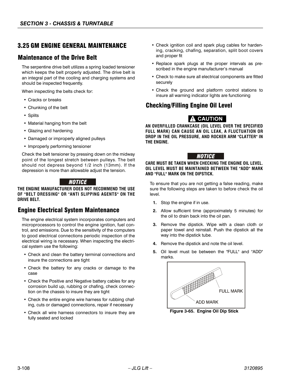 25 gm engine general maintenance, Maintenance of the drive belt, Engine electrical system maintenance | Checking/filling engine oil level, Gm engine general maintenance -108, Engine oil dip stick -108 | JLG 460SJ Service Manual User Manual | Page 160 / 462