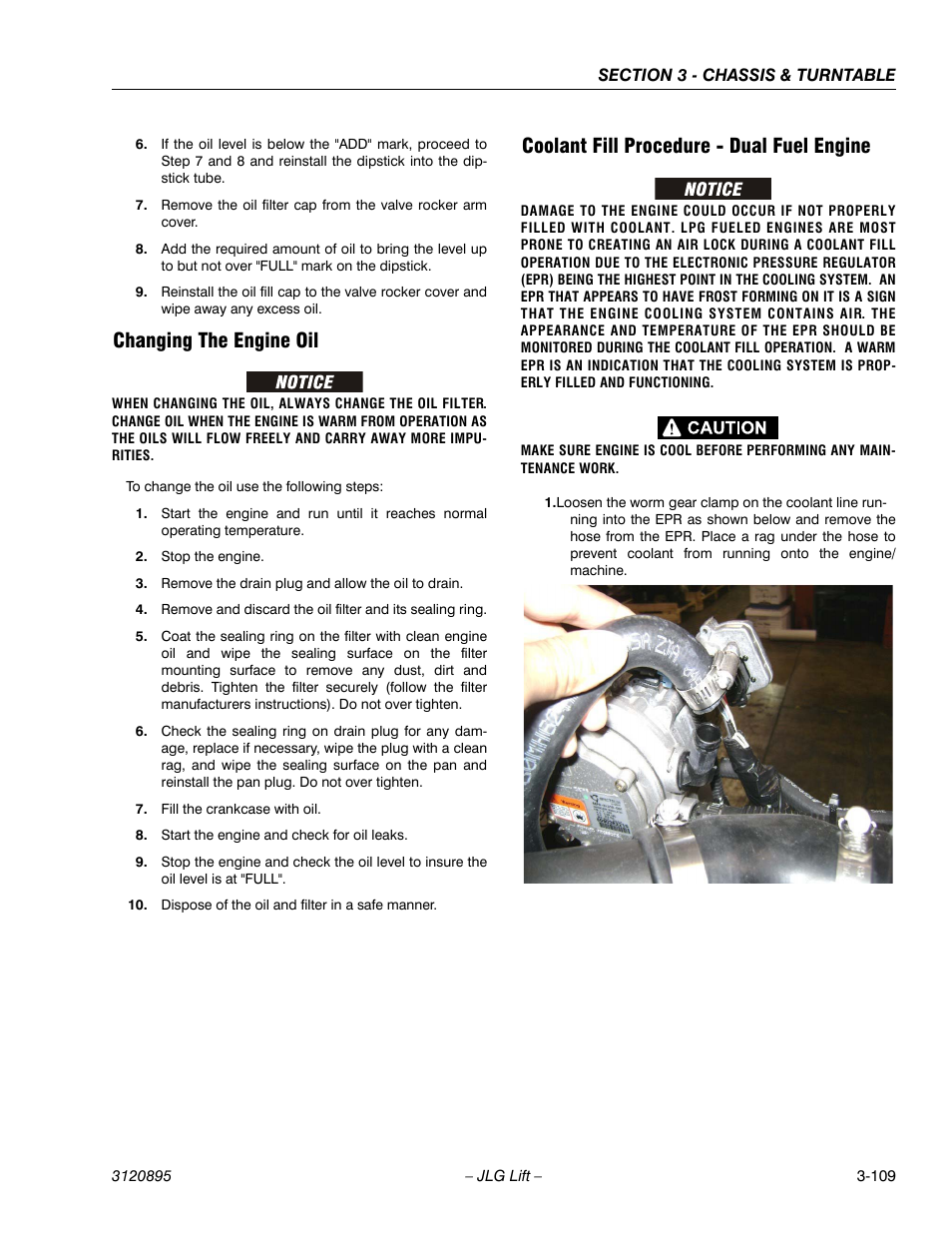 Changing the engine oil, Coolant fill procedure - dual fuel engine | JLG 460SJ Service Manual User Manual | Page 161 / 462