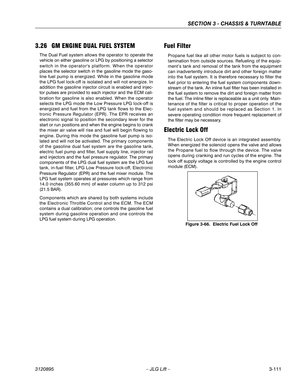 26 gm engine dual fuel system, Fuel filter, Electric lock off | Fuel filter -111 electric lock off -111, Electric fuel lock off -111 | JLG 460SJ Service Manual User Manual | Page 163 / 462