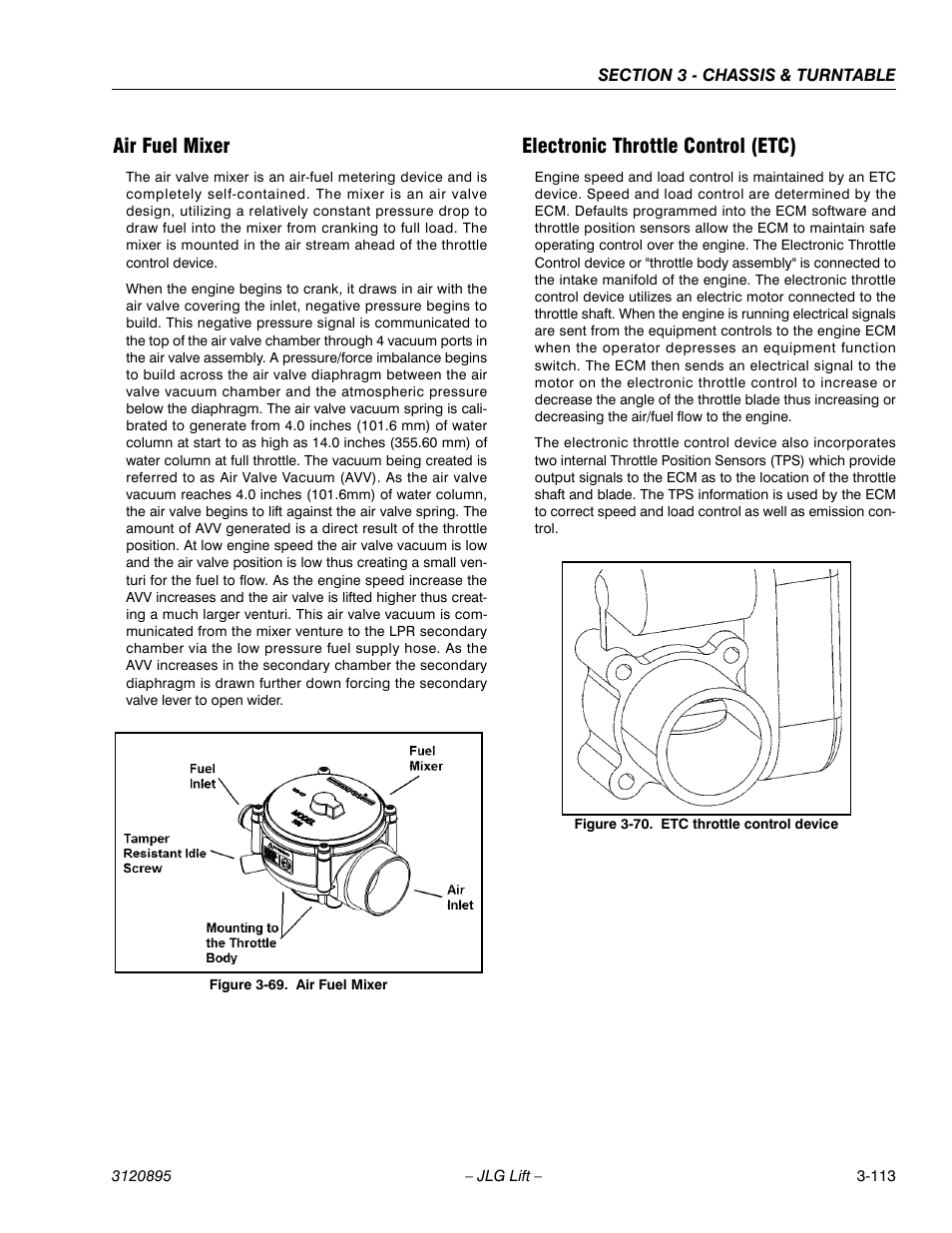 Air fuel mixer, Electronic throttle control (etc), Air fuel mixer -113 | Etc throttle control device -113 | JLG 460SJ Service Manual User Manual | Page 165 / 462