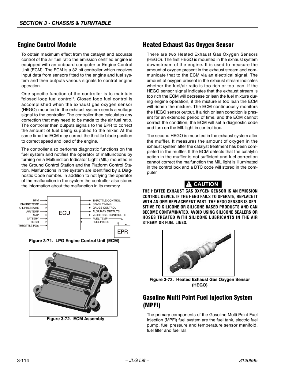 Engine control module, Heated exhaust gas oxygen sensor, Gasoline multi point fuel injection system (mpfi) | Lpg engine control unit (ecm) -114, Ecm assembly -114, Heated exhaust gas oxygen sensor (hego) -114 | JLG 460SJ Service Manual User Manual | Page 166 / 462