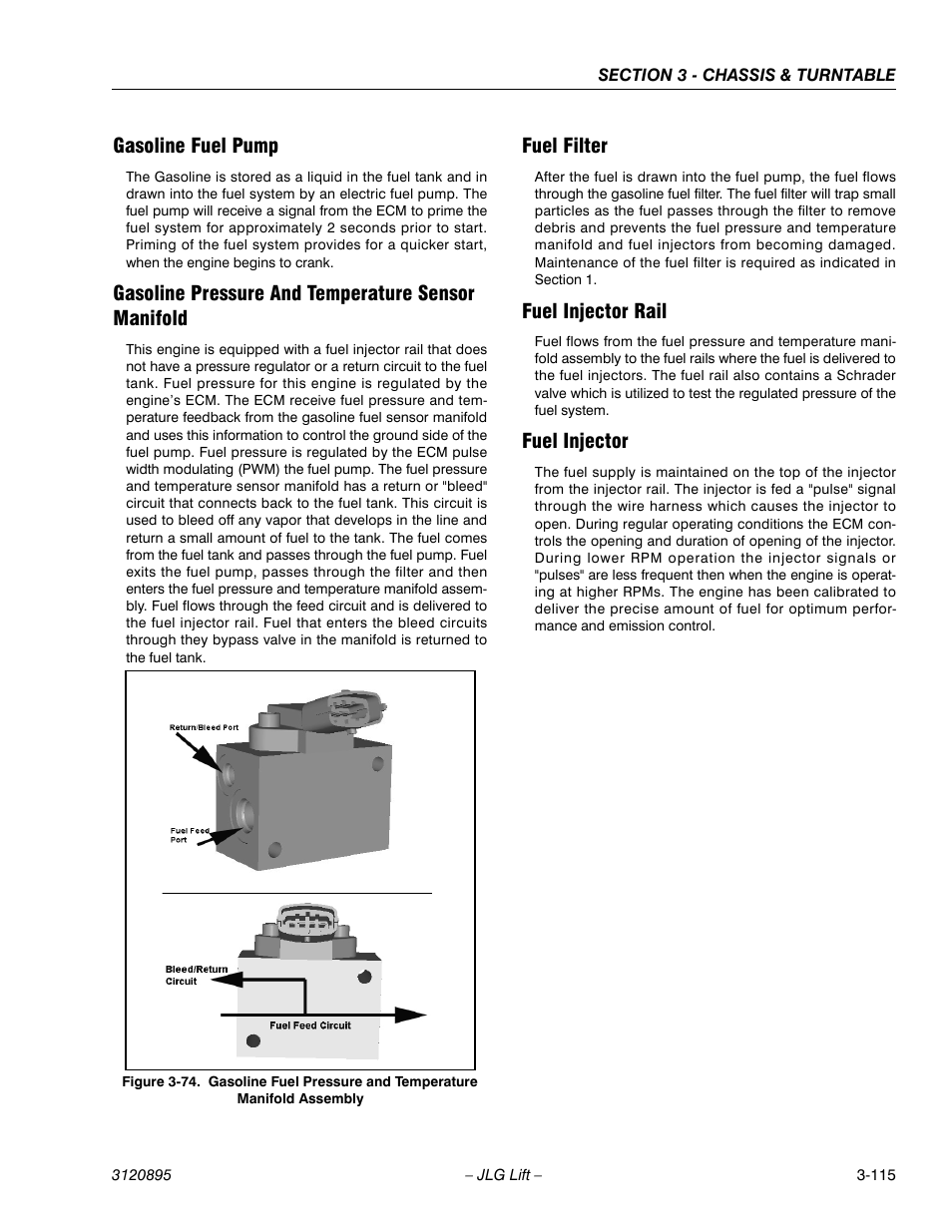Gasoline fuel pump, Gasoline pressure and temperature sensor manifold, Fuel filter | Fuel injector rail, Fuel injector | JLG 460SJ Service Manual User Manual | Page 167 / 462