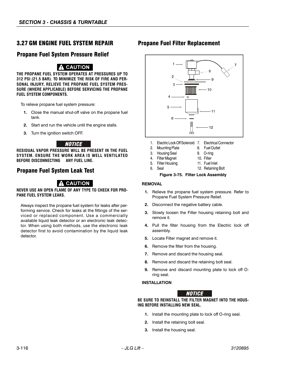 27 gm engine fuel system repair, Propane fuel system pressure relief, Propane fuel system leak test | Propane fuel filter replacement, Gm engine fuel system repair -116, Filter lock assembly -116 | JLG 460SJ Service Manual User Manual | Page 168 / 462