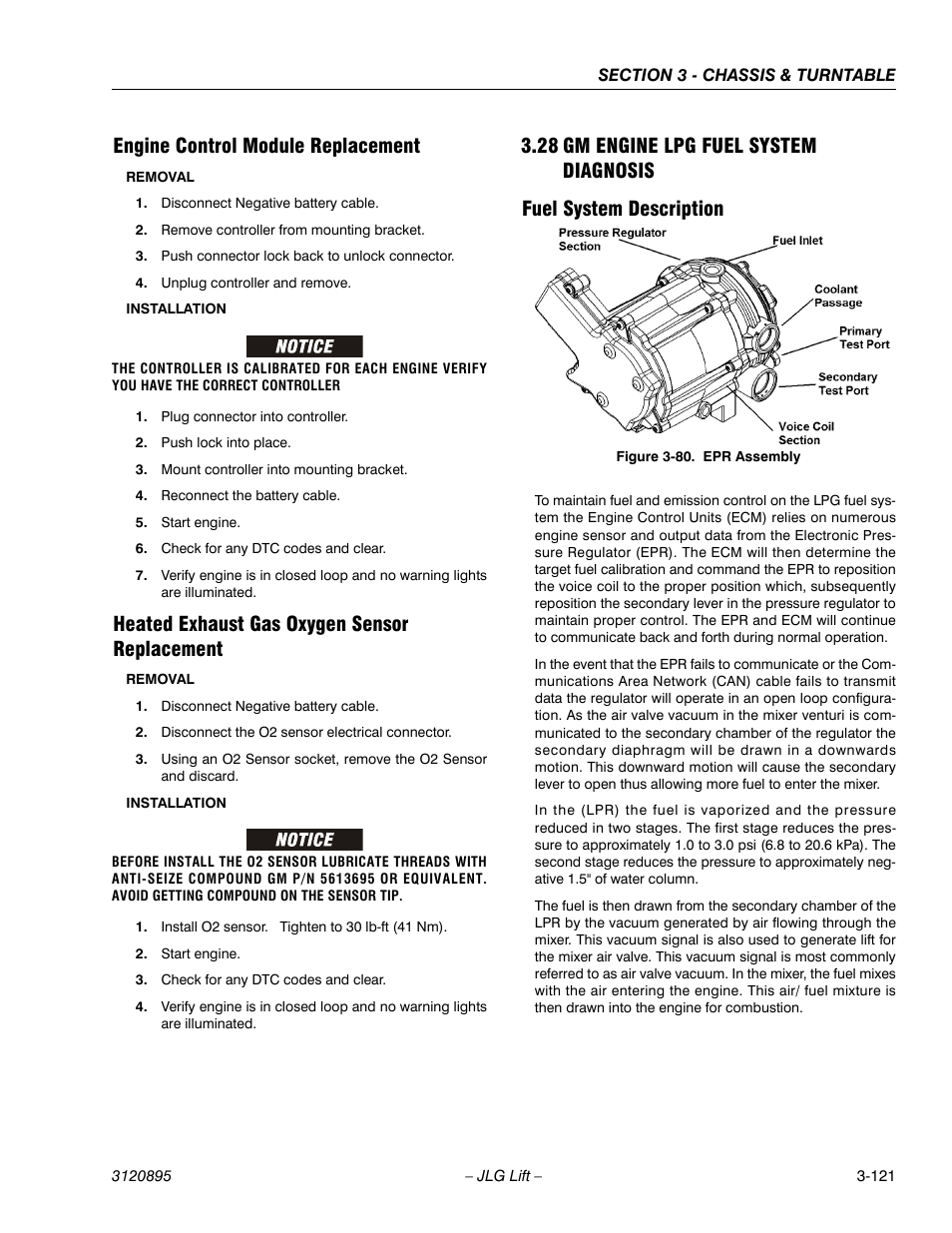 Engine control module replacement, Heated exhaust gas oxygen sensor replacement, 28 gm engine lpg fuel system diagnosis | Fuel system description, Gm engine lpg fuel system diagnosis -121, Fuel system description -121, Epr assembly -121 | JLG 460SJ Service Manual User Manual | Page 173 / 462
