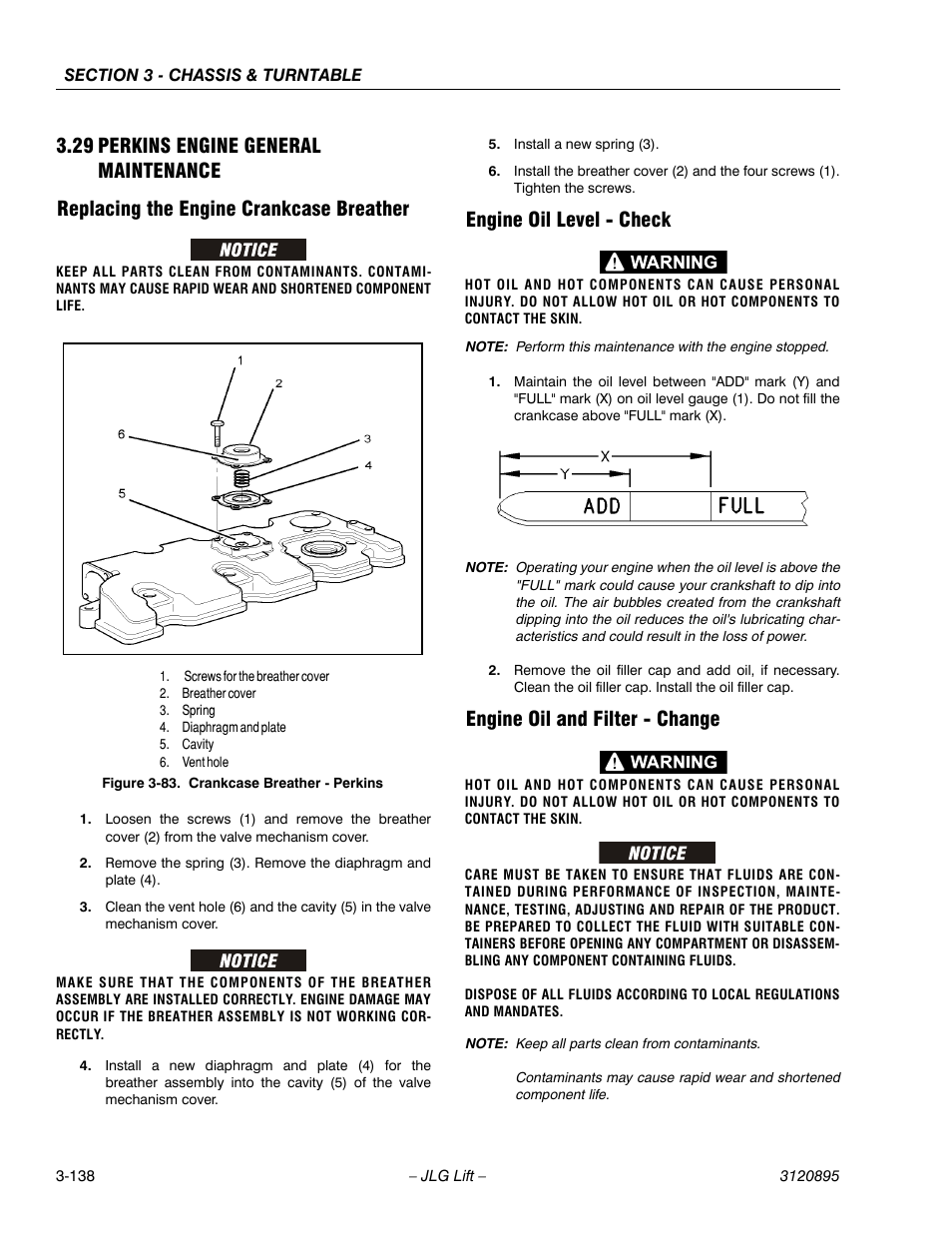 29 perkins engine general maintenance, Replacing the engine crankcase breather, Engine oil level - check | Engine oil and filter - change, Perkins engine general maintenance -138, Crankcase breather - perkins -138 | JLG 460SJ Service Manual User Manual | Page 190 / 462