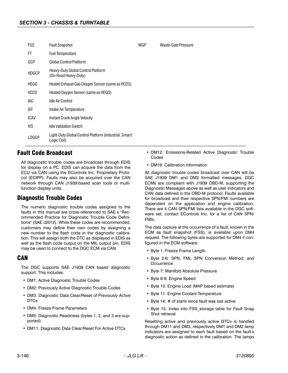 Fault code broadcast, Diagnostic trouble codes | JLG 460SJ Service Manual User Manual | Page 198 / 462