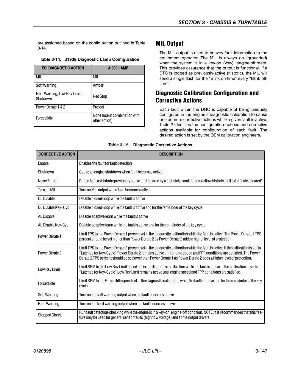 Mil output, J1939 diagnostic lamp configuration -147, Diagnostic corrective actions -147 | JLG 460SJ Service Manual User Manual | Page 199 / 462