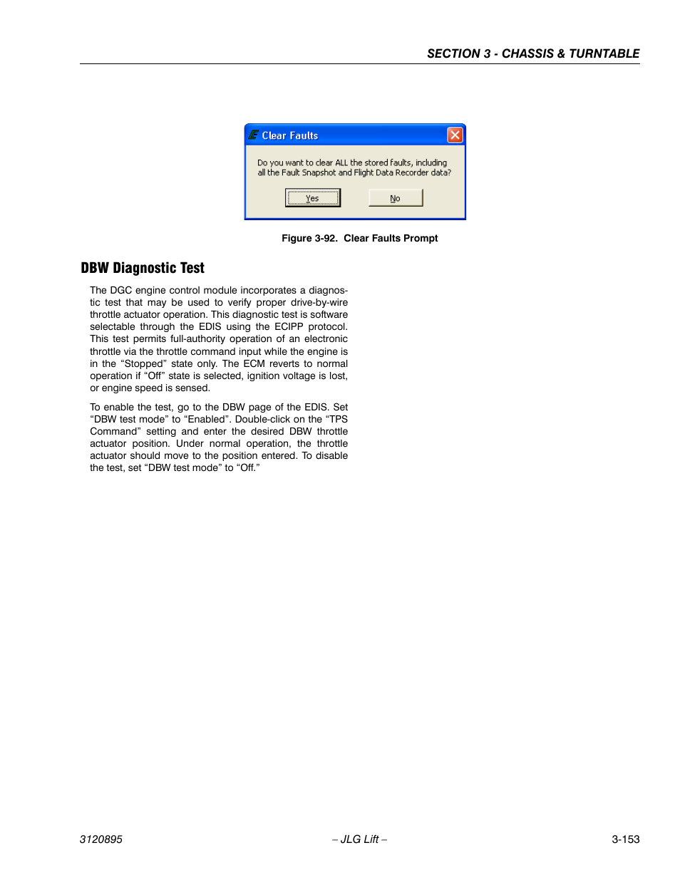 Dbw diagnostic test, Dbw diagnostic test -153, Clear faults prompt -153 | Figure 3-92 | JLG 460SJ Service Manual User Manual | Page 205 / 462