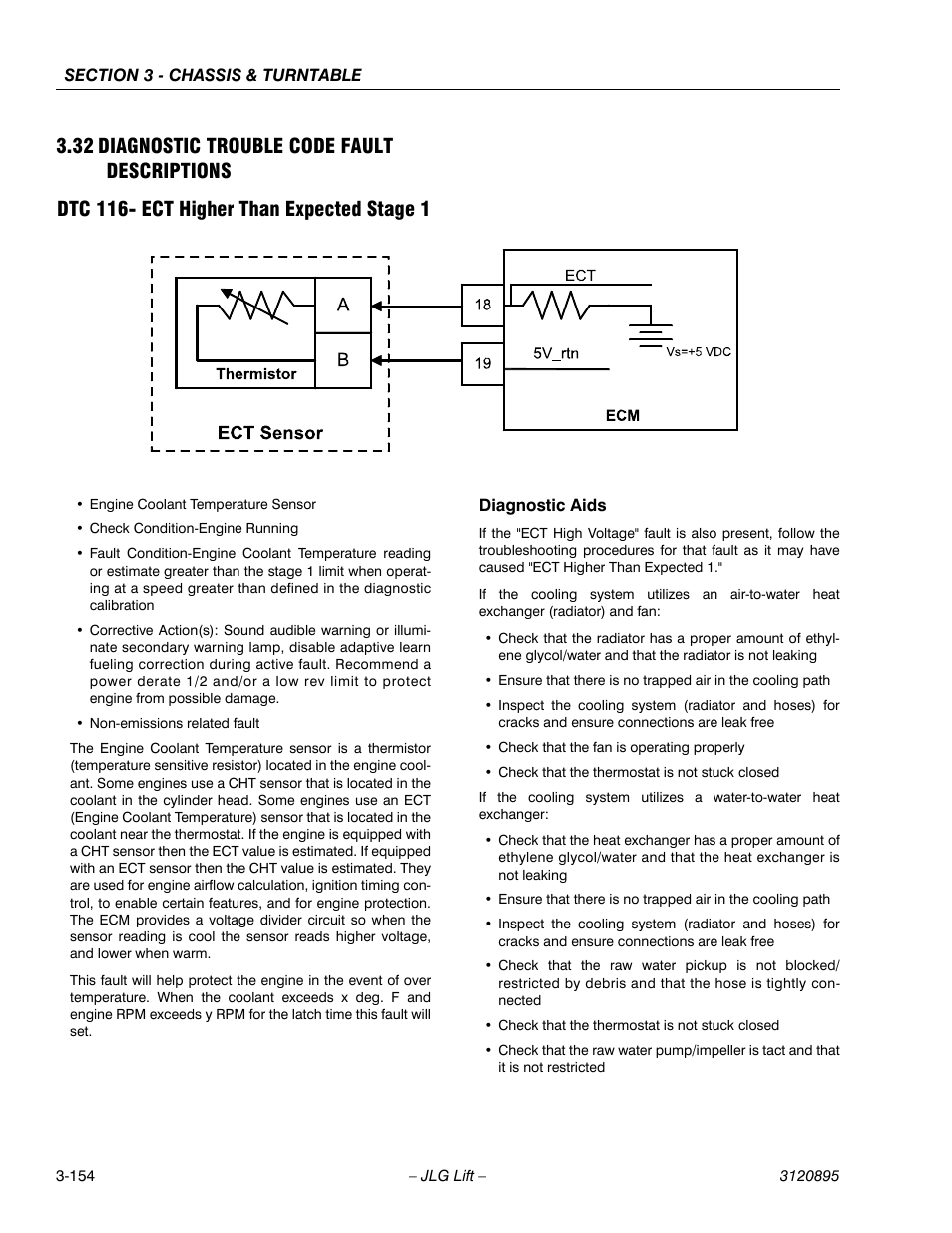 32 diagnostic trouble code fault descriptions, Dtc 116- ect higher than expected stage 1, Diagnostic trouble code fault descriptions -154 | Dtc 116- ect higher than expected stage 1 -154 | JLG 460SJ Service Manual User Manual | Page 206 / 462