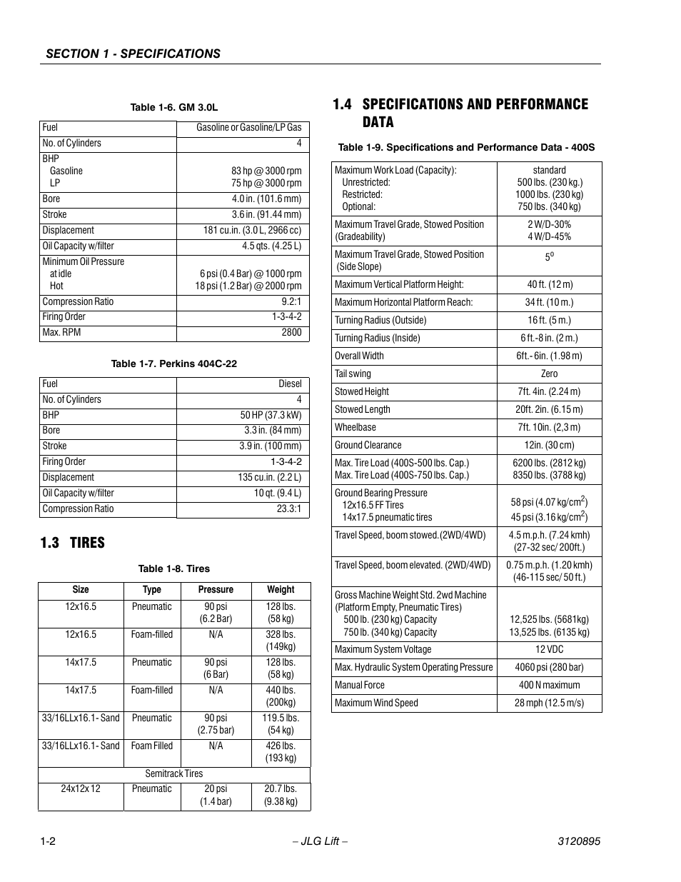 3 tires, 4 specifications and performance data, Tires -2 | Specifications and performance data -2, Gm 3.0l -2, Perkins 404c-22 -2, Specifications and performance data - 400s -2, 3 tires 1.4 specifications and performance data | JLG 460SJ Service Manual User Manual | Page 22 / 462