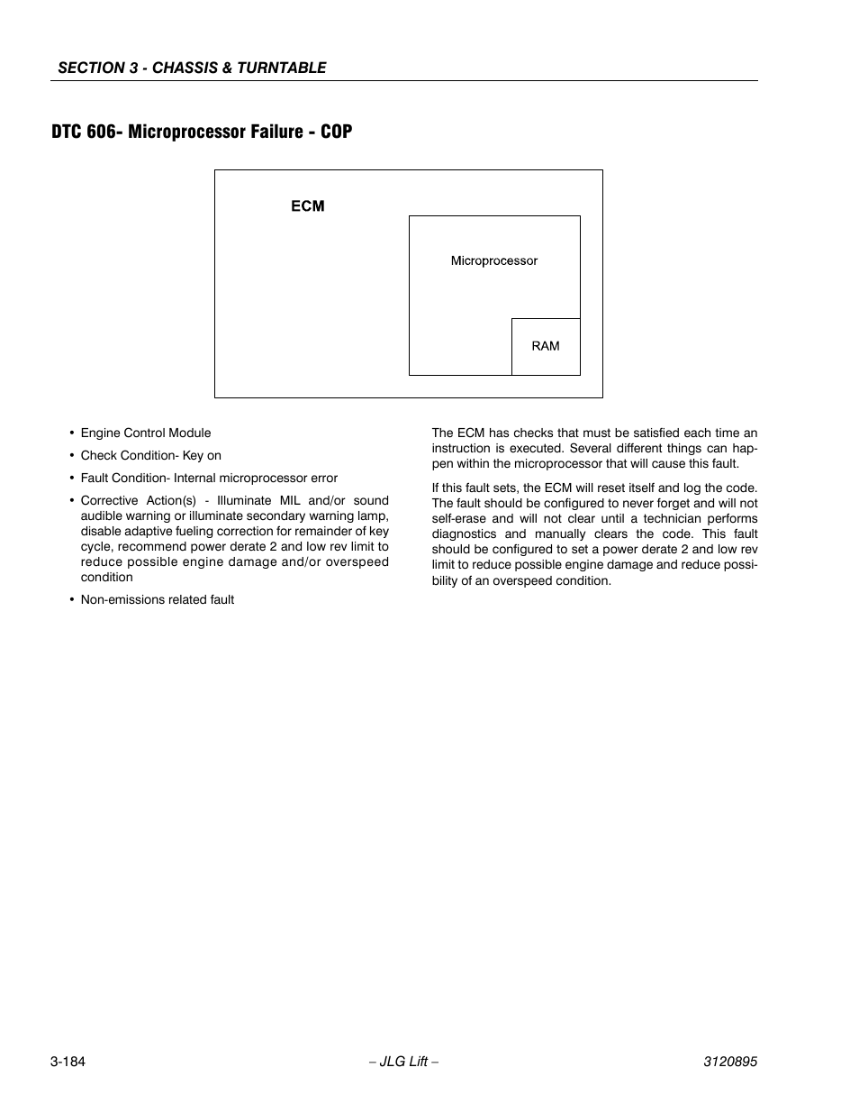 Dtc 606- microprocessor failure - cop, Dtc 606- microprocessor failure - cop -184 | JLG 460SJ Service Manual User Manual | Page 236 / 462