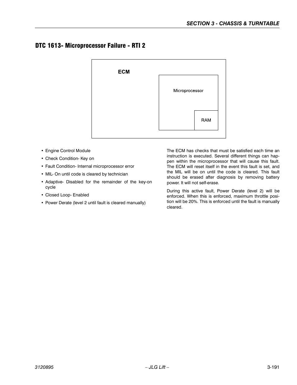 Dtc 1613- microprocessor failure - rti 2, Dtc 1613- microprocessor failure - rti 2 -191 | JLG 460SJ Service Manual User Manual | Page 243 / 462