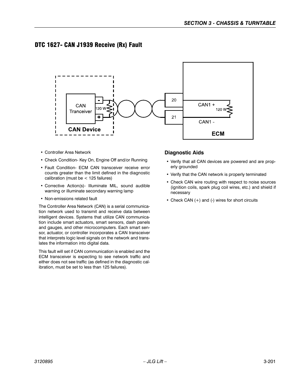 Dtc 1627- can j1939 receive (rx) fault, Dtc 1627- can j1939 receive (rx) fault -201 | JLG 460SJ Service Manual User Manual | Page 253 / 462
