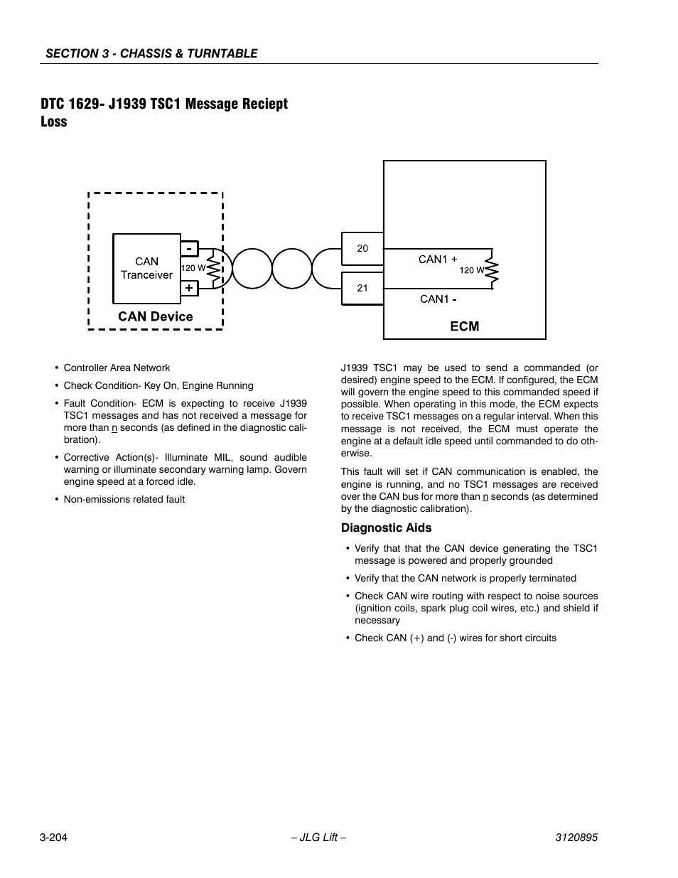 Dtc 1629- j1939 tsc1 message reciept loss, Dtc 1629- j1939 tsc1 message reciept loss -204 | JLG 460SJ Service Manual User Manual | Page 256 / 462