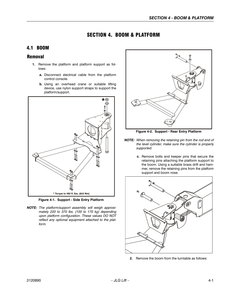 Section 4. boom & platform, 1 boom, Removal | Section 4 - boom & platform, Boom -1, Removal -1, Support - side entry platform -1, Support - rear entry platform -1, 1 boom removal | JLG 460SJ Service Manual User Manual | Page 265 / 462