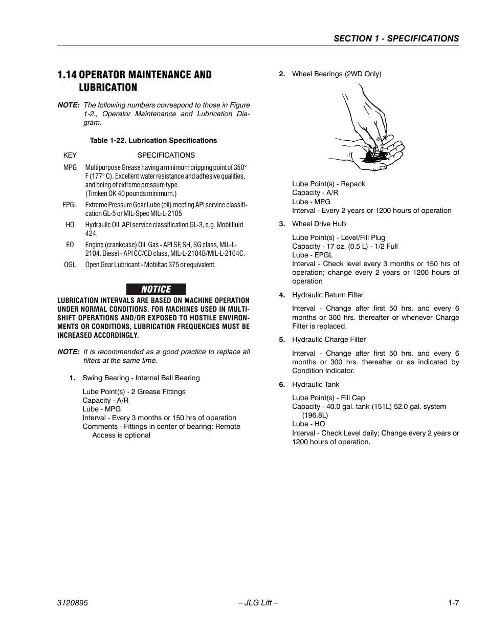 14 operator maintenance and lubrication, Operator maintenance and lubrication -7, Lubrication specifications -7 | JLG 460SJ Service Manual User Manual | Page 27 / 462